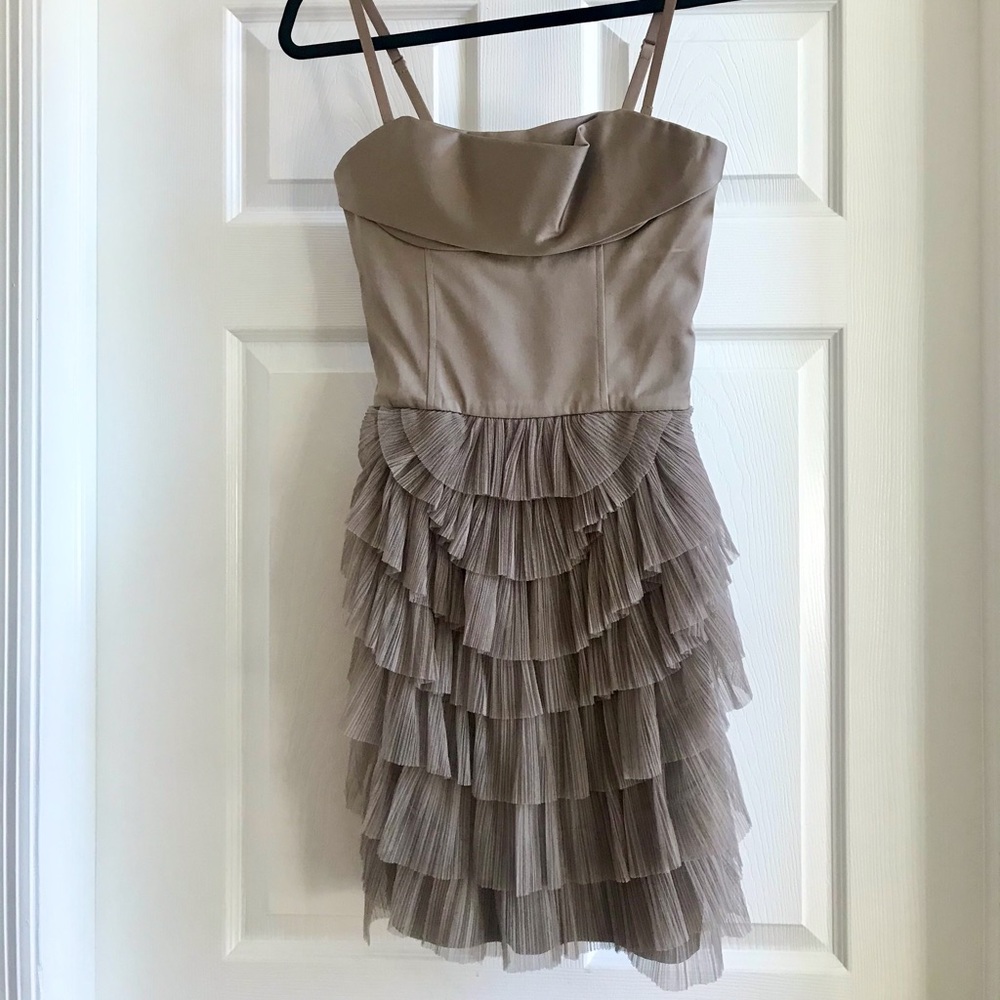 BCBG MAXAZRIA strapless tulle dress in shiny beige